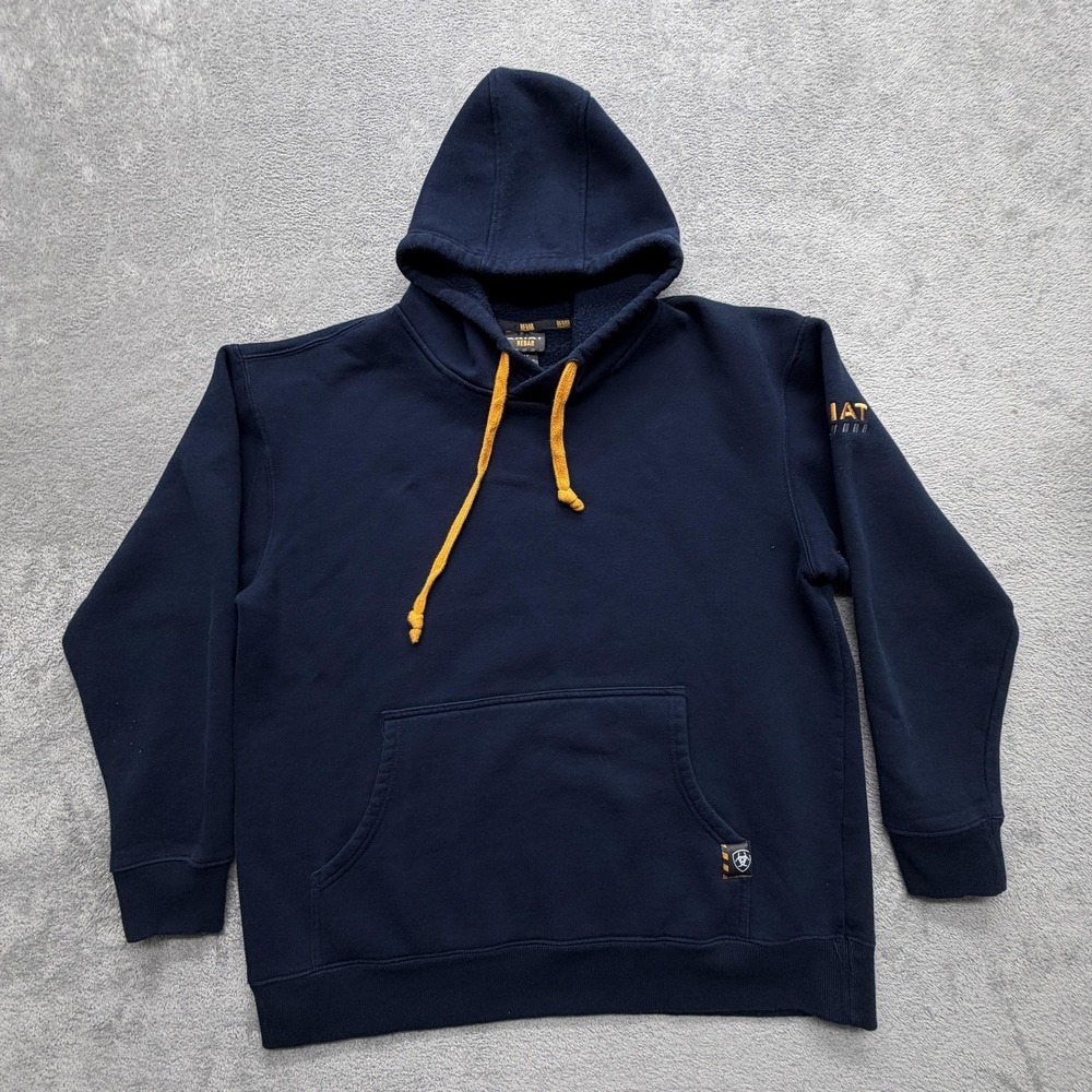 Ariat Hoodie Mens L Blue Pullover Hooded Lined Fleece Pockets Rebar Heavyweight